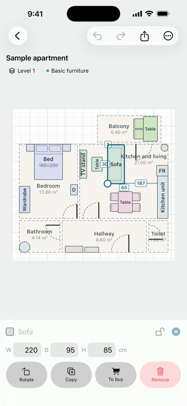 Roomlines: a sofa selected in the floor plan, with width, depth and height