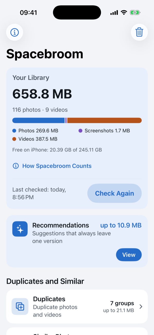 Spacebroom: overview of the library with photos, videos and screenshots